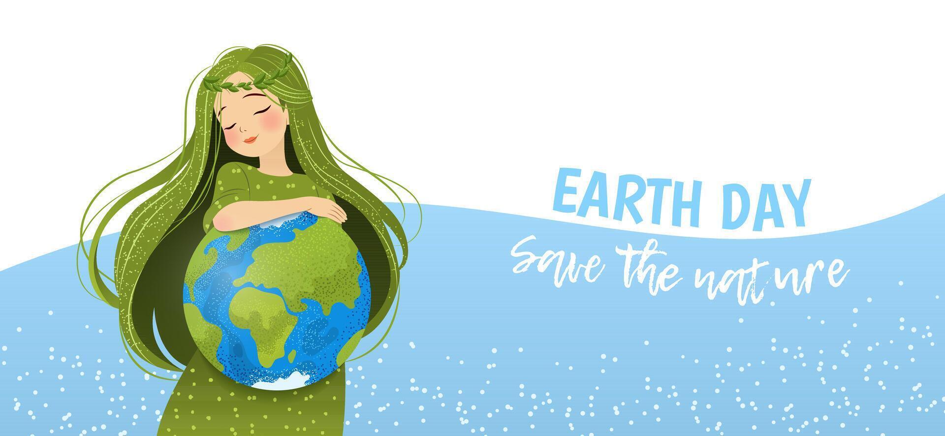 contento madre tierra día. ambiental proteccion. horizontal bandera con mujer, planeta tierra y eslogan. cuidando para naturaleza. vector ilustración para bandera, social medios de comunicación correo, celebracion tarjeta.