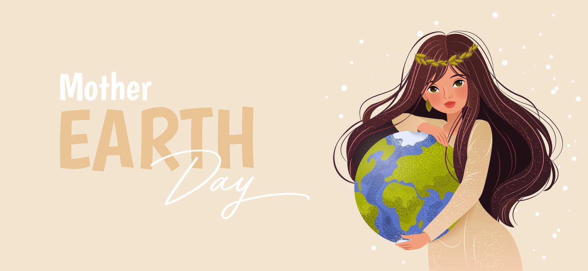 Happy Mother Earth Day. Environmental protection. Horizontal banner with woman, planet Earth and slogan. Caring for Nature. Vector illustration for poster, social media post, celebration card.