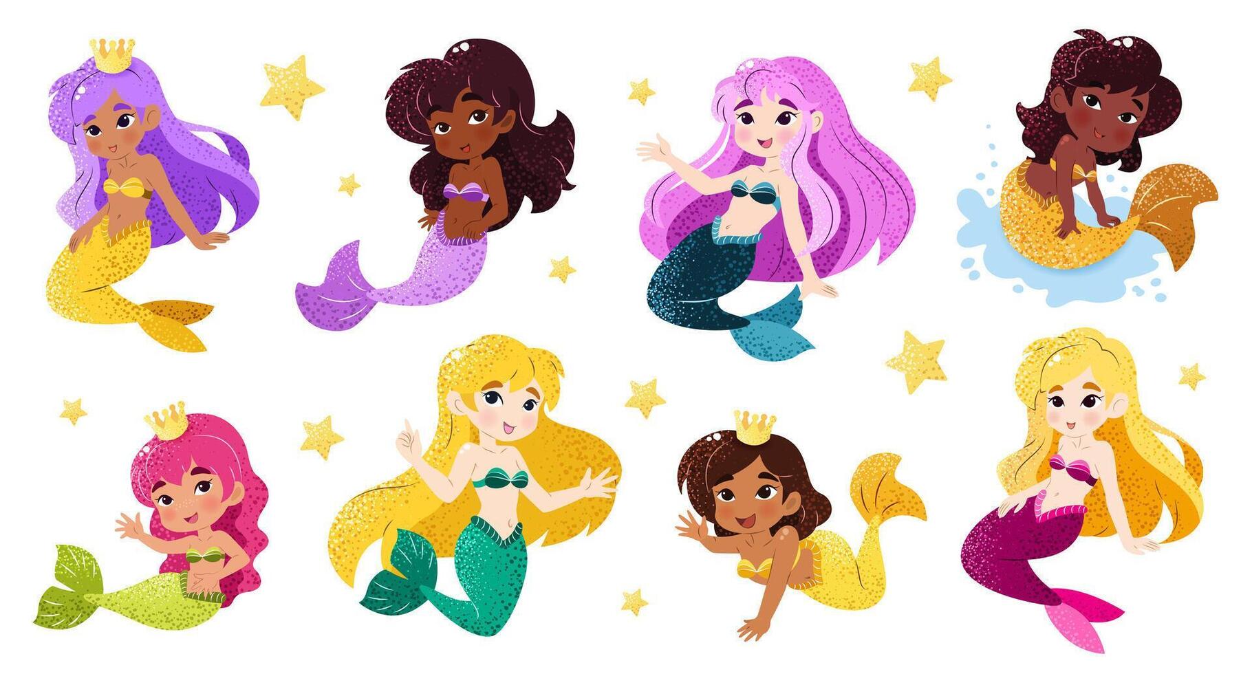 Bundle with kawaii mermaids. Isolated illustrations on a white background with funny magical creatures for a childish print. Vector clip art. An underwater set of princesses. Sea life.