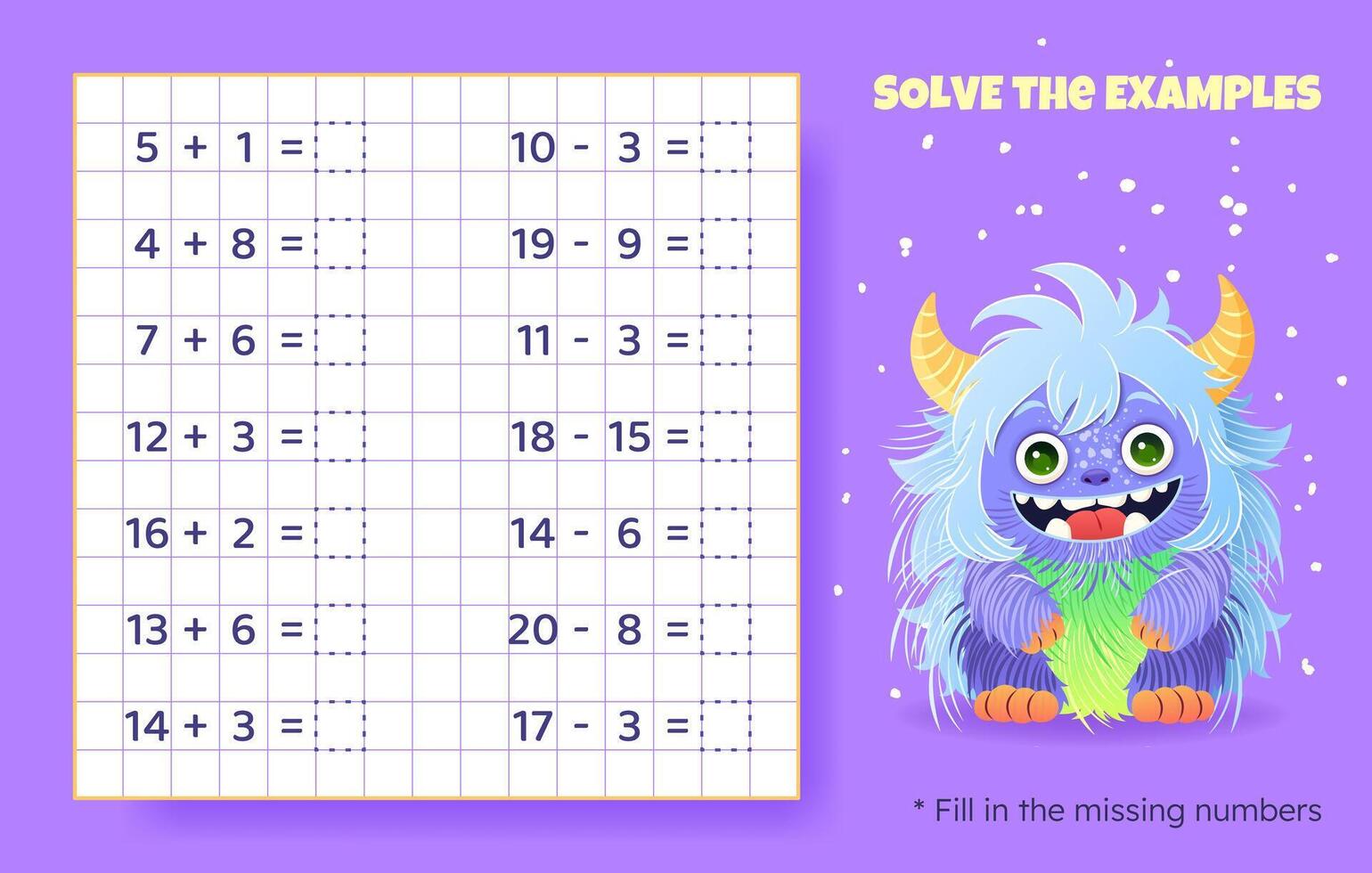 Solve the examples. Addition and subtraction up to 20. Mathematical puzzle game. Worksheet for school, preschool kids. Vector illustration. Cartoon educational game with cute monster for children.