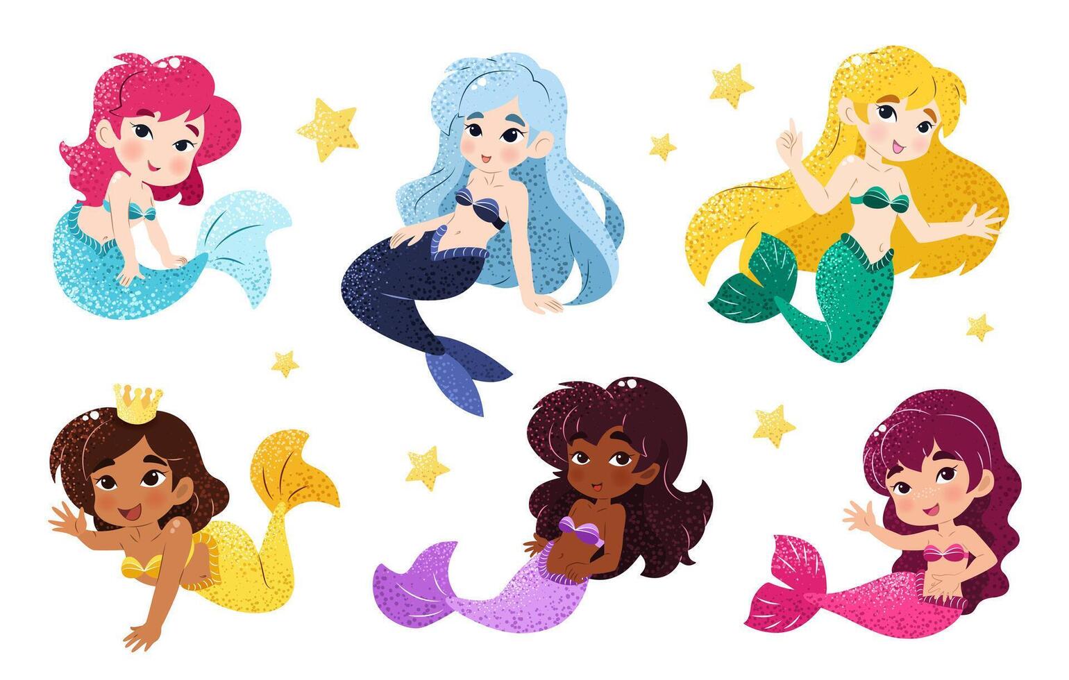 Bundle with kawaii mermaids. Isolated illustrations on a white background with funny magical creatures for a childish print. Vector clip art. An underwater set of princesses. Sea life.