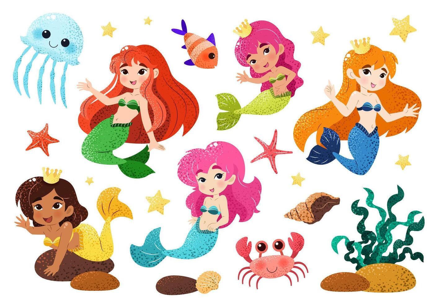 Bundle with kawaii mermaids, marine animals and plants. Isolated illustrations on white background with magical creatures for a childish print. Vector clip art. Underwater set of princesses. Sea life.