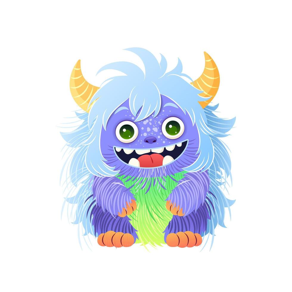 Cute little monster is smiling. Fictional creature for children's print, posters, cards, Halloween designs. Vector illustration in cartoon style. isolated animal on white background. Clip art.