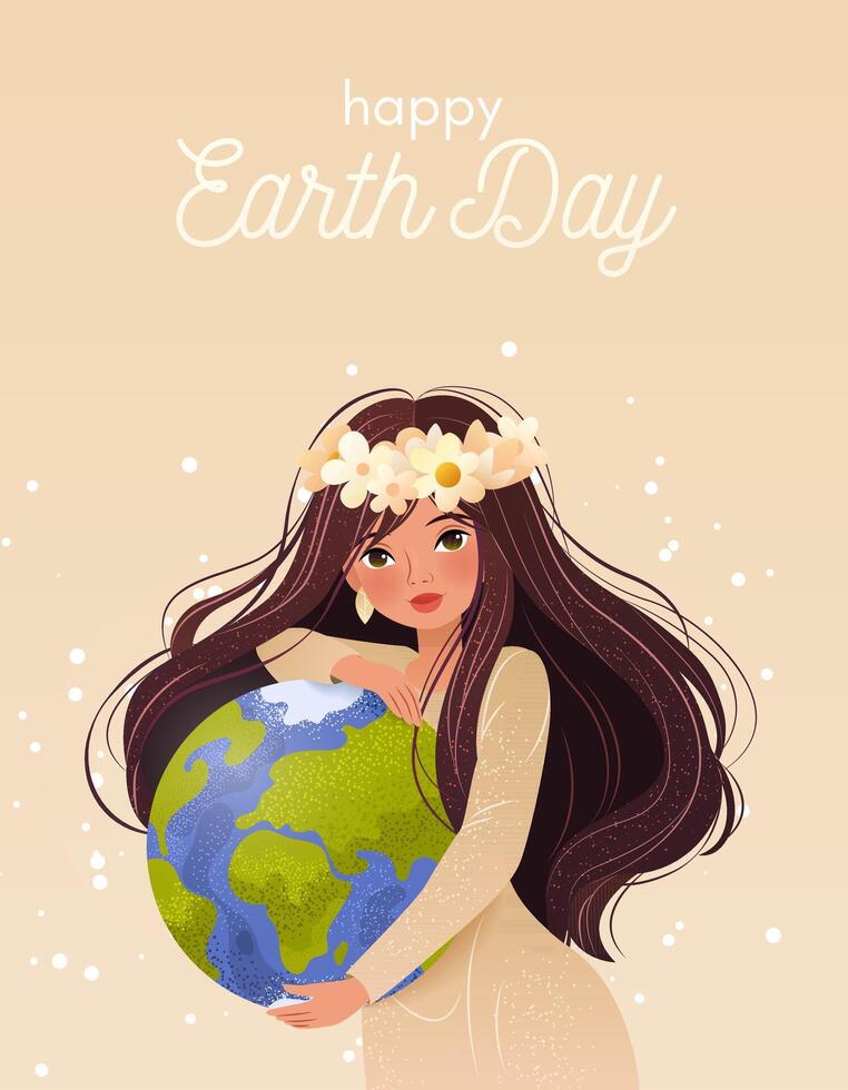 Happy Mother Earth Day. Environmental protection. Vertical greeting card with woman, planet Earth and slogan. Caring for Nature. Vector illustration for banner, social media post, celebration card.