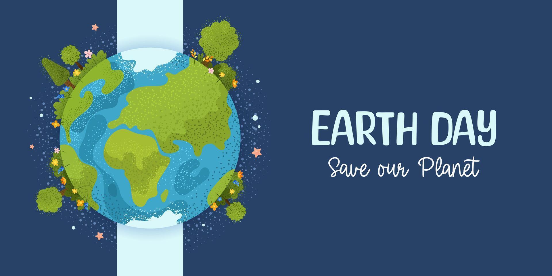 Happy Earth Day. Environmental protection. Banner in cartoon style with planet Earth, trees, flowers and slogan. Caring for Nature. Vector illustration for social media post, celebration card and etc.