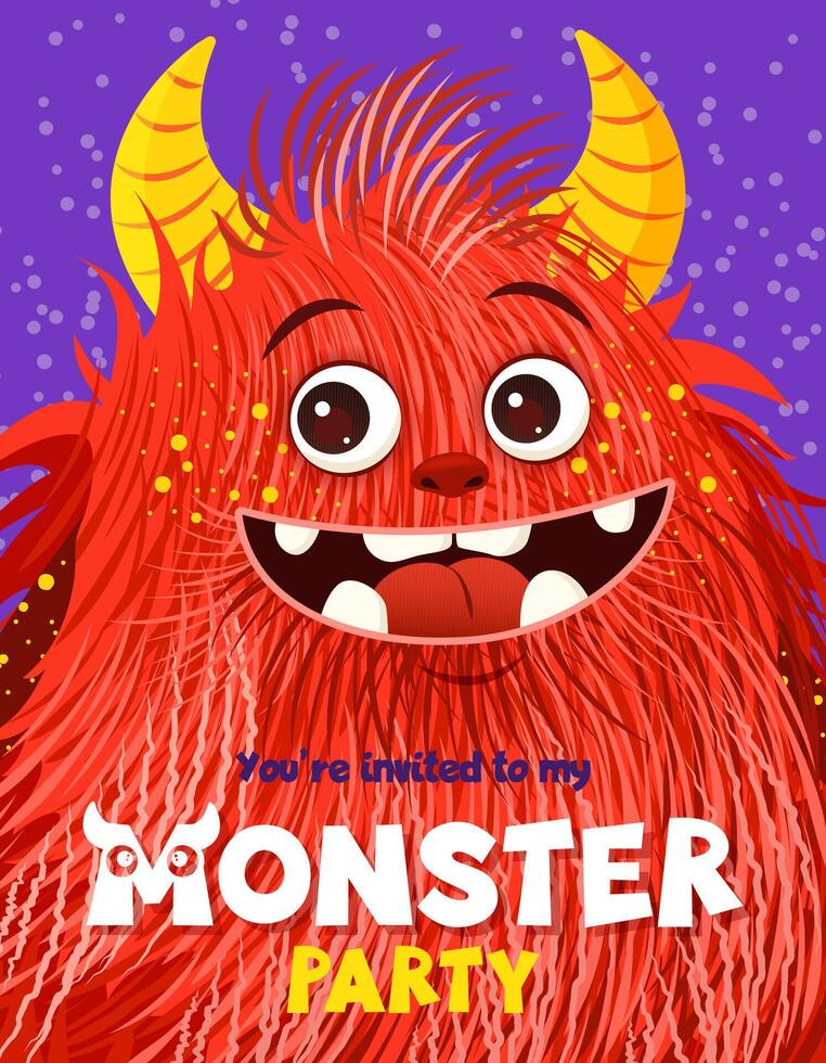 Monster party invitation. Happy Birthday greeting card. Festive postcard featuring a fluffy cartoon monster. Vector design with a cute creature for your celebration event. Layered template with text.