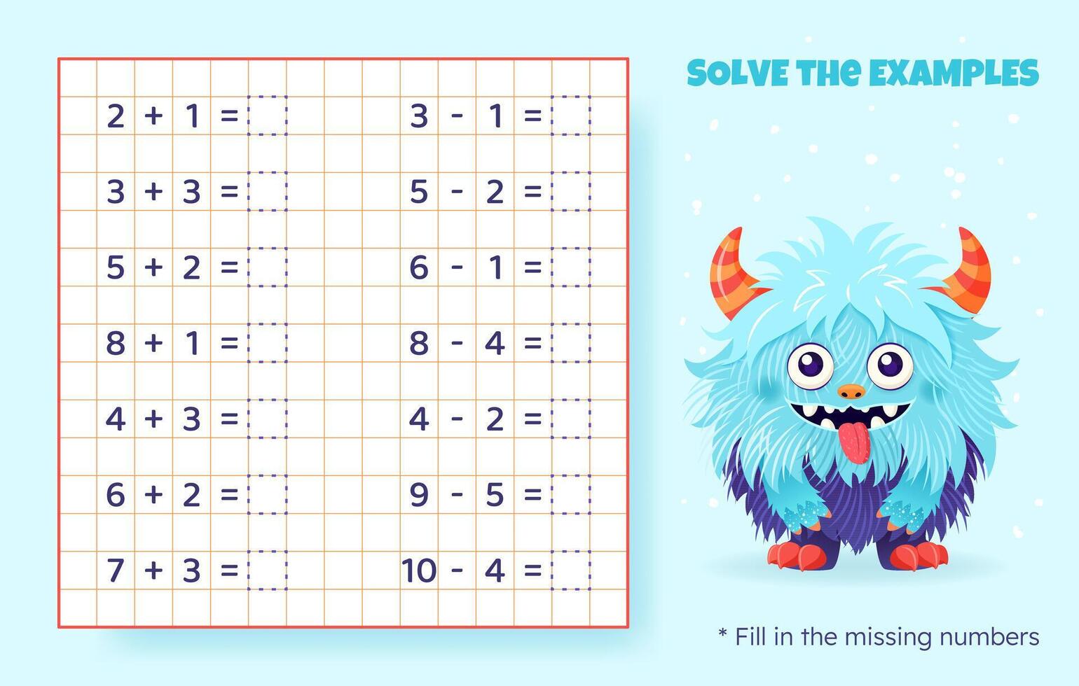 Solve the examples. Addition and subtraction up to 10. Mathematical puzzle game. Worksheet for school, preschool kids. Vector illustration. Cartoon educational game with cute monster for children.