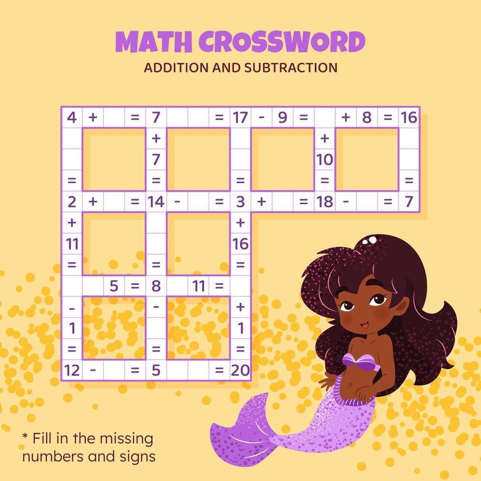 Math Crossword puzzle for kids. Addition and subtraction. Counting up to 20. Game for children. Vector illustration. Colorful crossword with cartoon mermaid. Task, education material for kids.