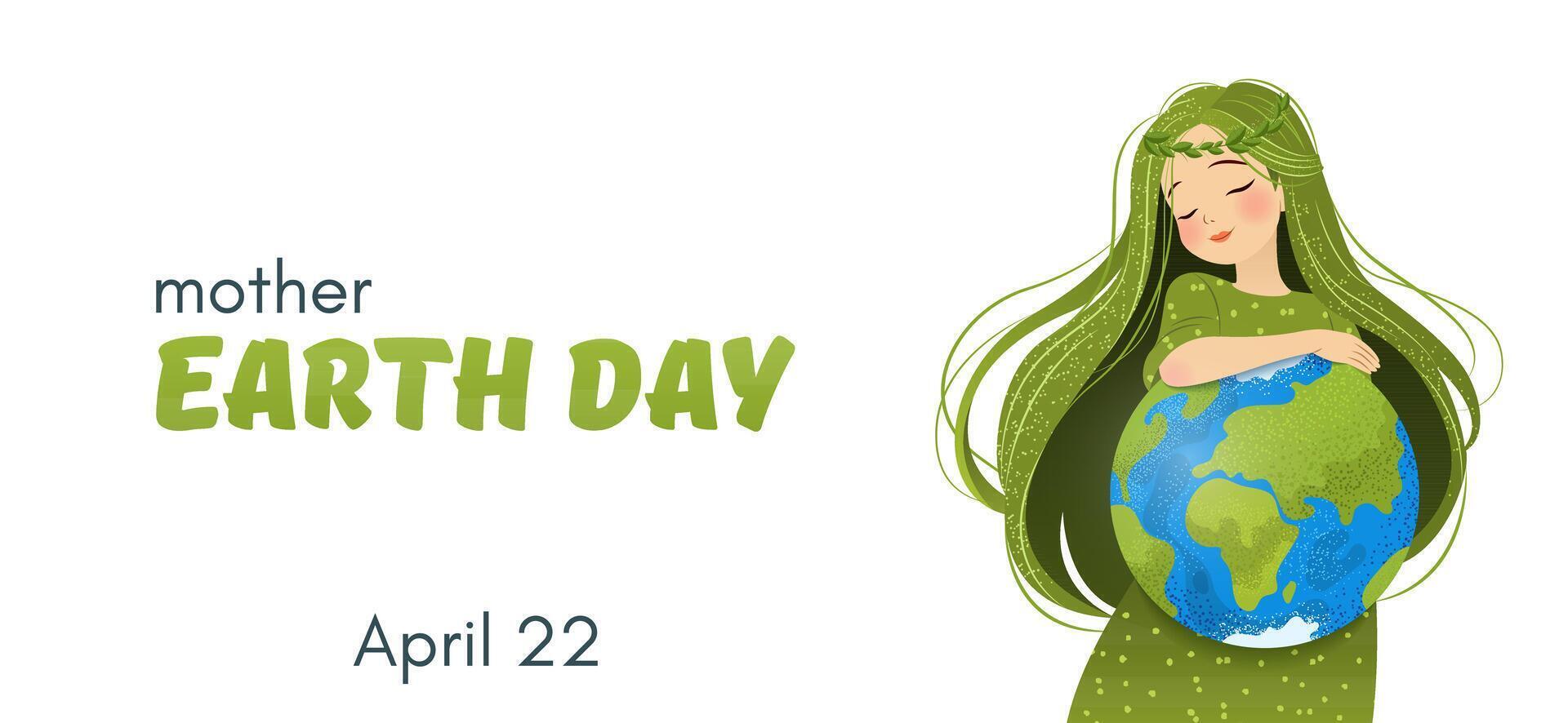 Happy Mother Earth Day. Environmental protection. Horizontal banner with woman, planet Earth and slogan. Caring for Nature. Vector illustration for banner, social media post, celebration card.