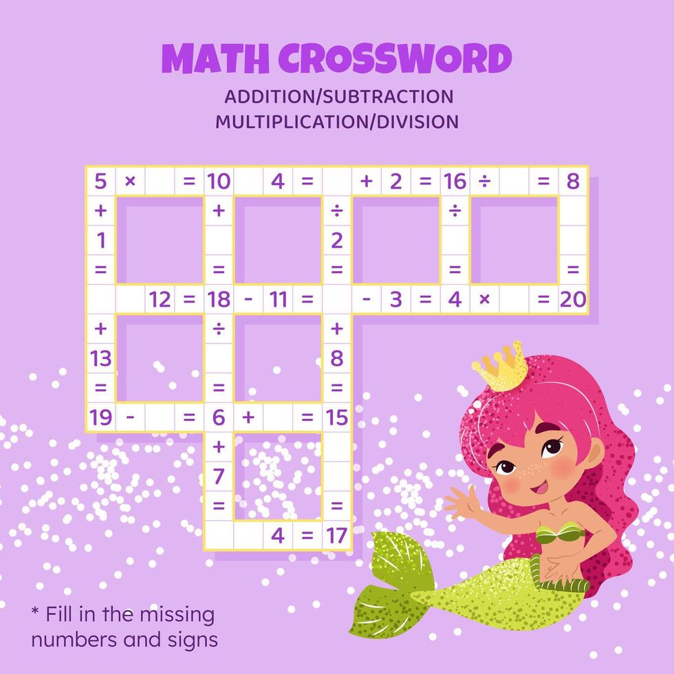 Math Crossword puzzle for children. Addition, subtraction, multiplication and division. Counting up to 20. Vector illustration. Game with cartoon cute mermaid. Task, education material for kids.