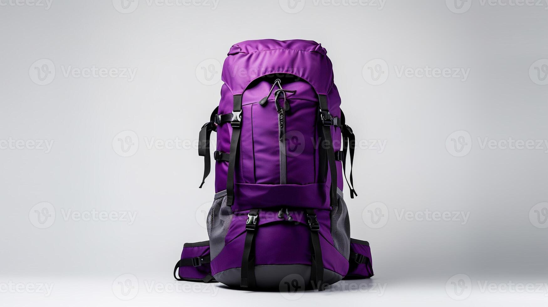 ai generado púrpura excursionismo mochila bolso aislado en blanco antecedentes con Copiar espacio para anuncio publicitario. ai generado foto