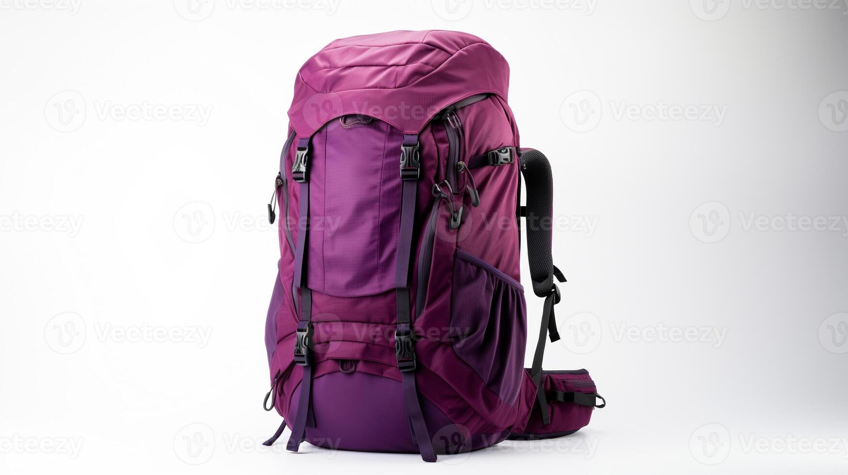 ai generado púrpura excursionismo mochila bolso aislado en blanco antecedentes con Copiar espacio para anuncio publicitario. ai generado foto