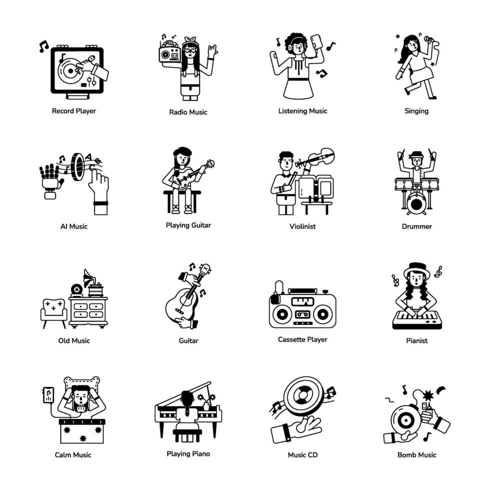 Set of 16 Song and Music Glyph Icons vector