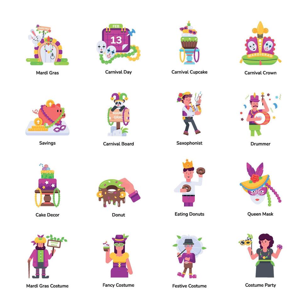 de moda plano íconos representando mardi gras celebracion vector