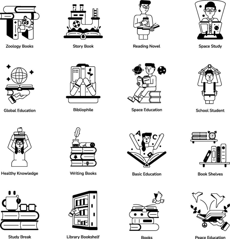 Set of 16 Book and Library Glyph Icons vector