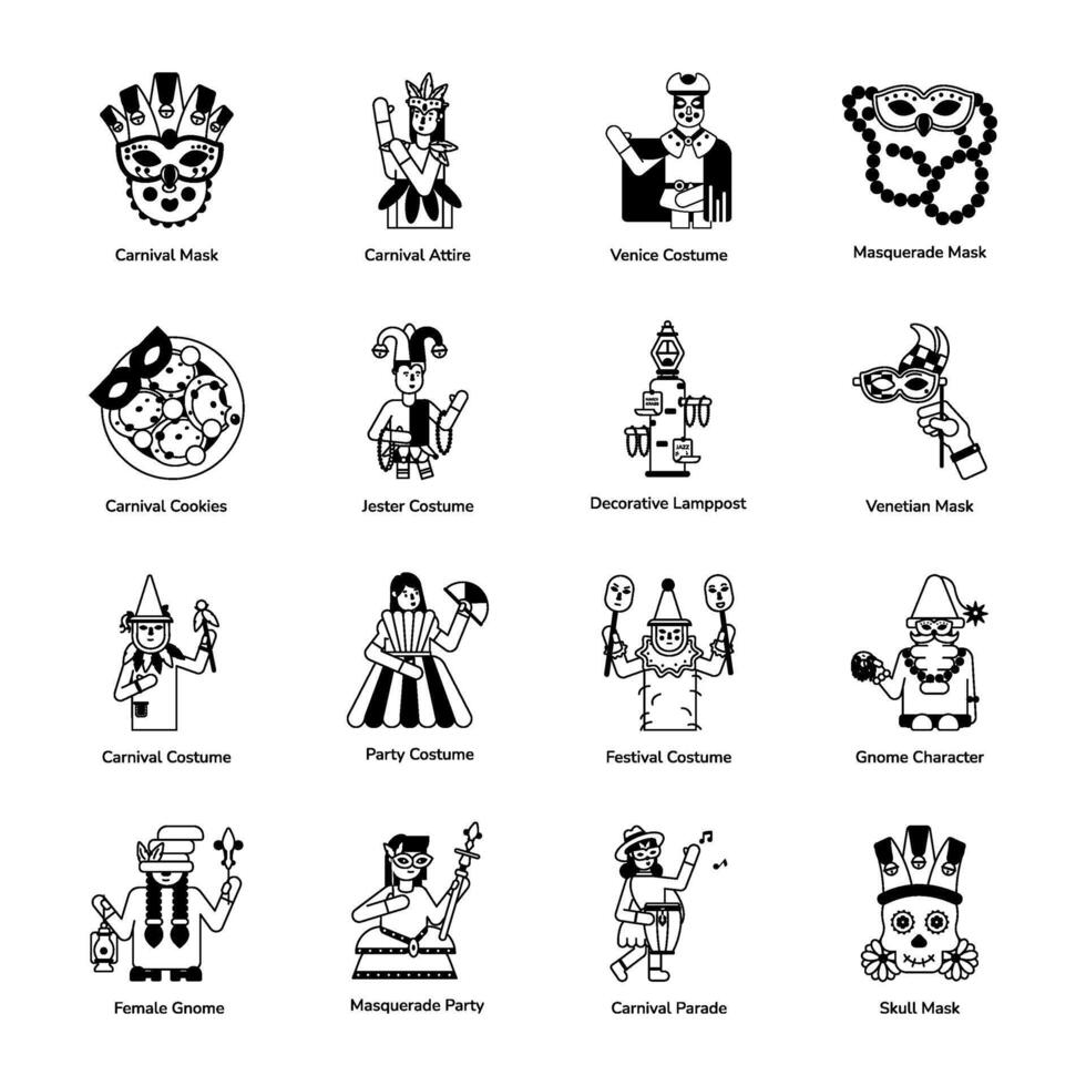 Set of 16 Mardi Gras Glyph Icons vector