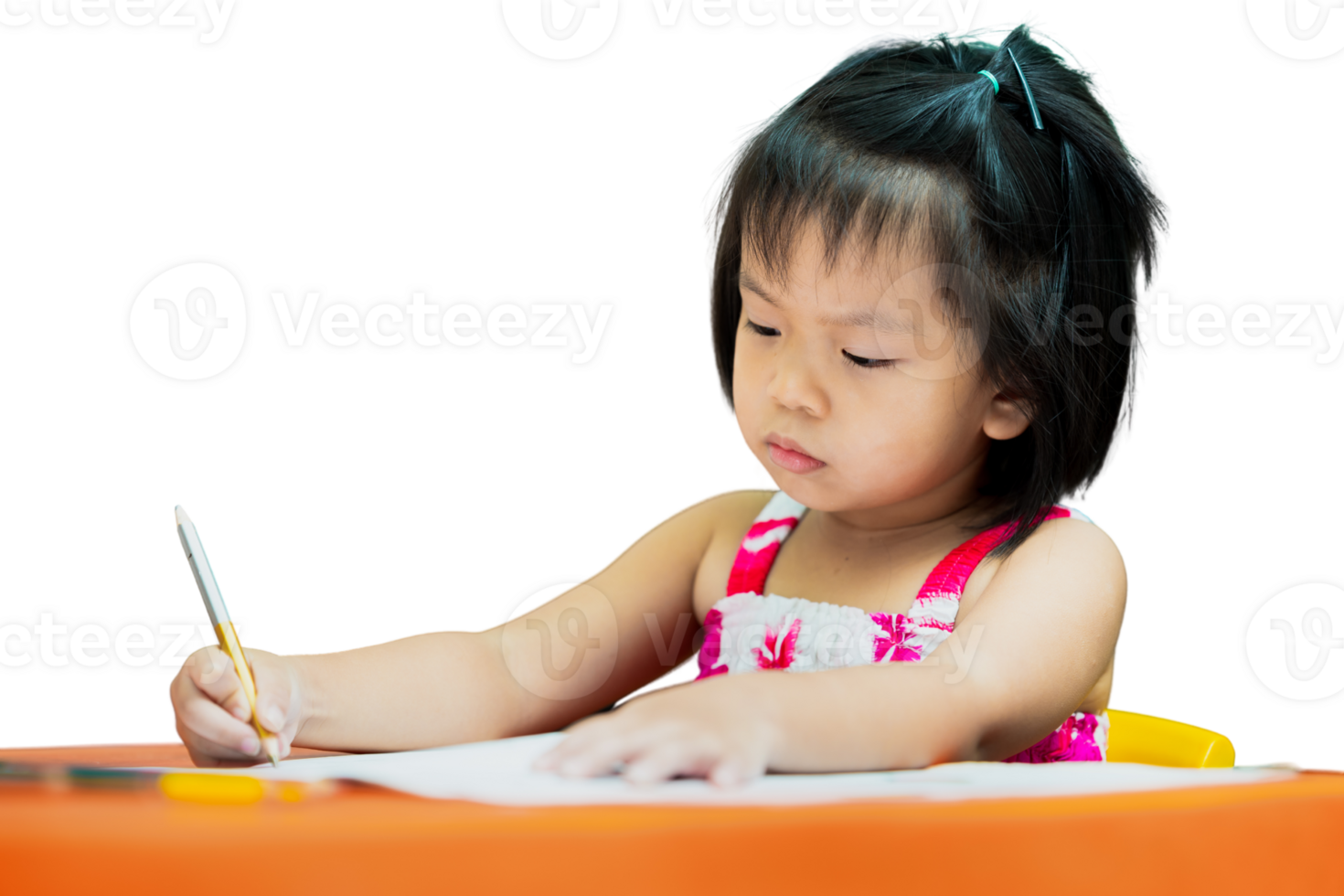 Portrait of little child girl sitting doing homework, coloring sticks on a piece of paper placed on an orange children's table. A little kid sits and works seriously. A 4 year old children is learning png