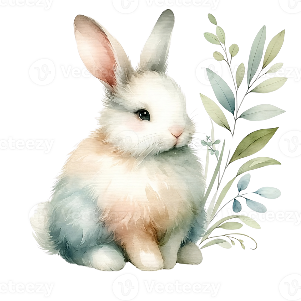 AI generated White Rabbit with Flower in Nature. Isolated Background. Easter festival. Water color Generate by AI. png