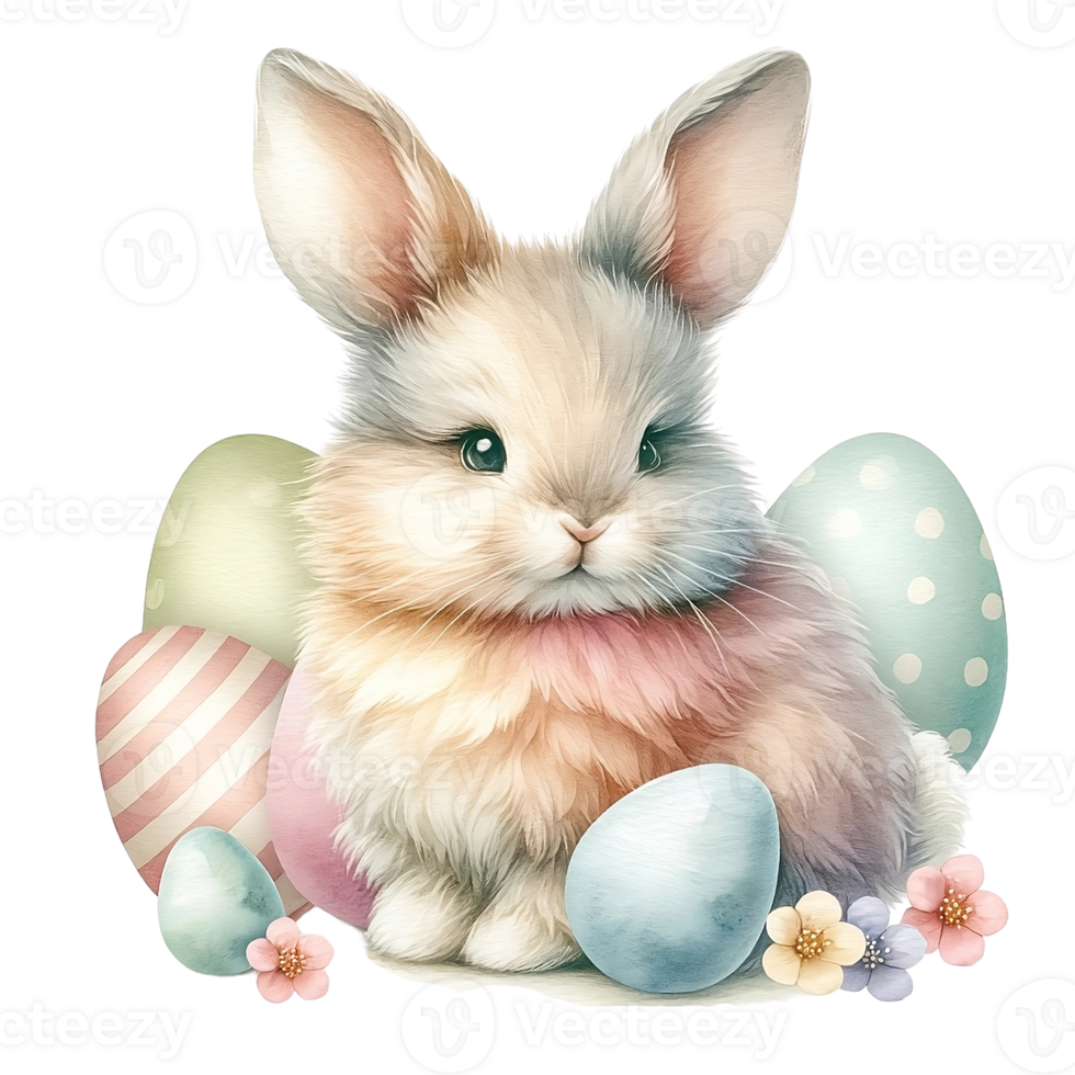 AI generated Easter Bunny Surrounded by Eggs and Rabbits in a Cute, Fluffy Scene. Water color Generate by AI. png