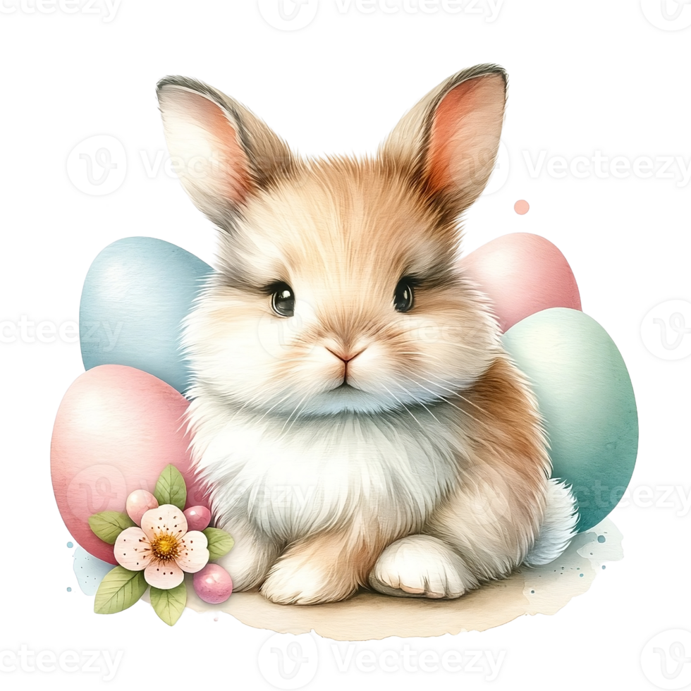 AI generated White Rabbit and pink and blue Easter Eggs. Easter festival. Water color Generate by AI. png