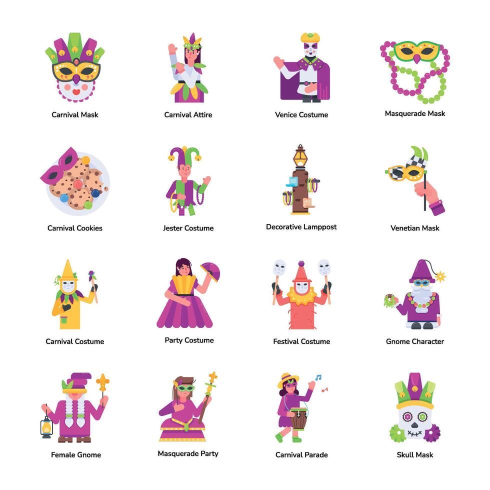 conjunto de dieciséis mardi gras plano íconos vector