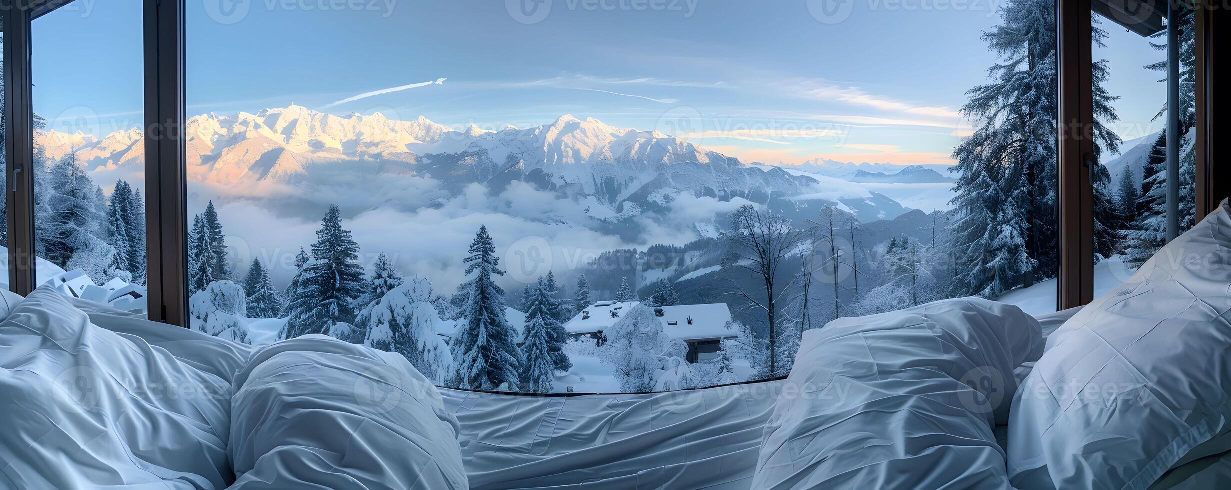 AI generated Waking up to a snow-covered view photo