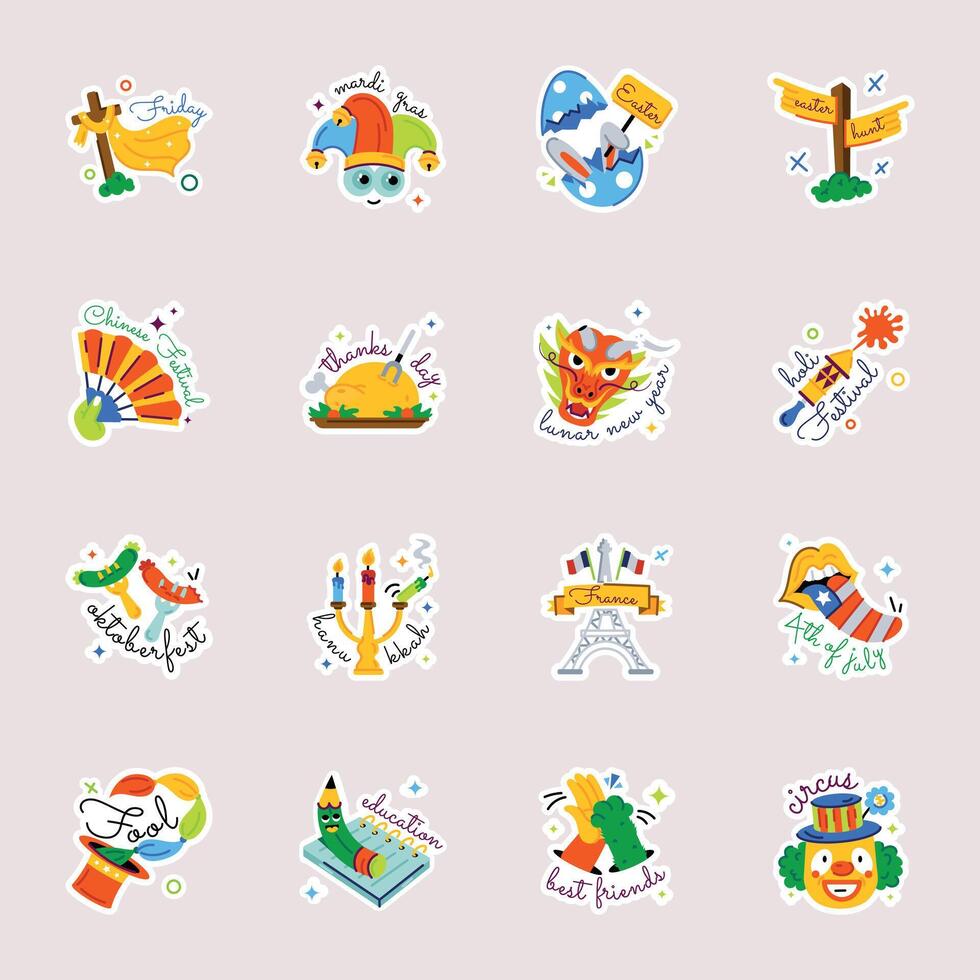 Trendy Flat Stickers Depicting Global Celebrations vector
