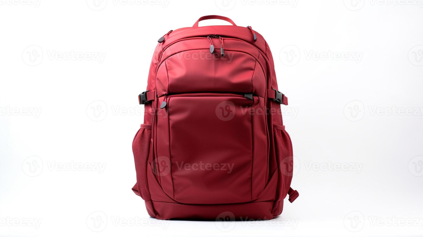 ai generado rojo viaje mochila bolso aislado en blanco antecedentes con Copiar espacio para anuncio publicitario. ai generado foto