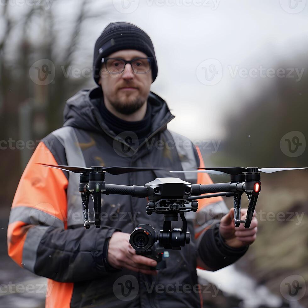 AI generated Engineer using drone for construction inspection photo