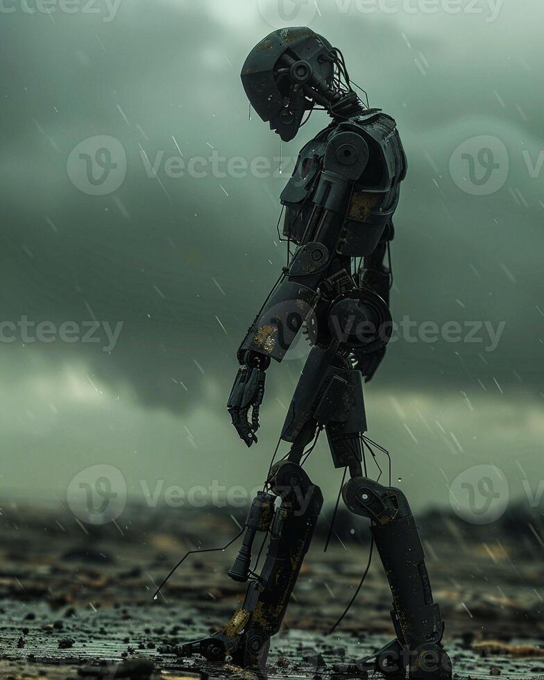 AI generated Sentient automaton, metallic shell, sentient creation, wandering through a post-apocalyptic wasteland, in a stormy weather, realistic 3D render, moody overcast lighting, Vignette effect photo