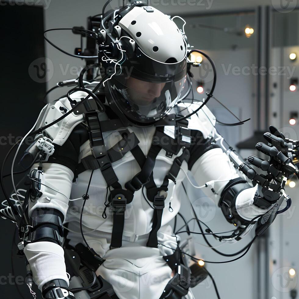 AI generated Engineer in a haptic suit testing tactile feedback photo