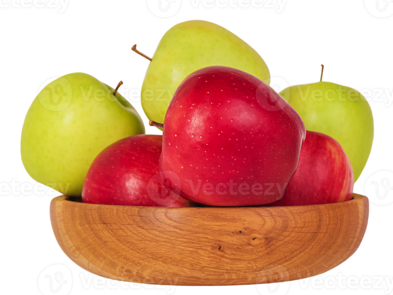 saudável comida, maçãs vermelho e verde maçãs dentro uma de madeira tigela isolar. png
