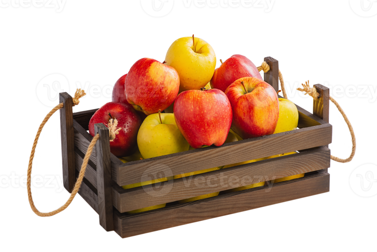 Fruits are red and yellow apples. Apples in a wooden box isolate. png