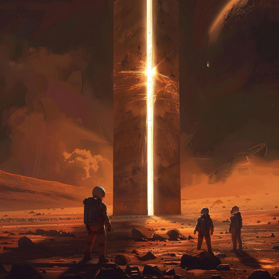 AI generated Astronauts on Mars encounter a mysterious monolith pulsing with unknown energy beneath the planets red sands photo