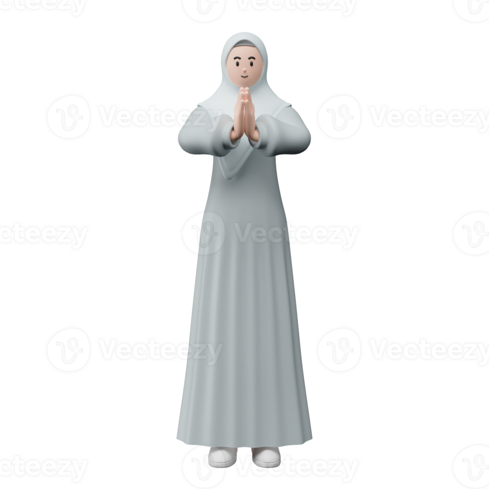 3D character render of muslim people. Happy young adult woman showing apologize and welcome hand gesture. Apology during eid mubarak. Isolated image on white background png