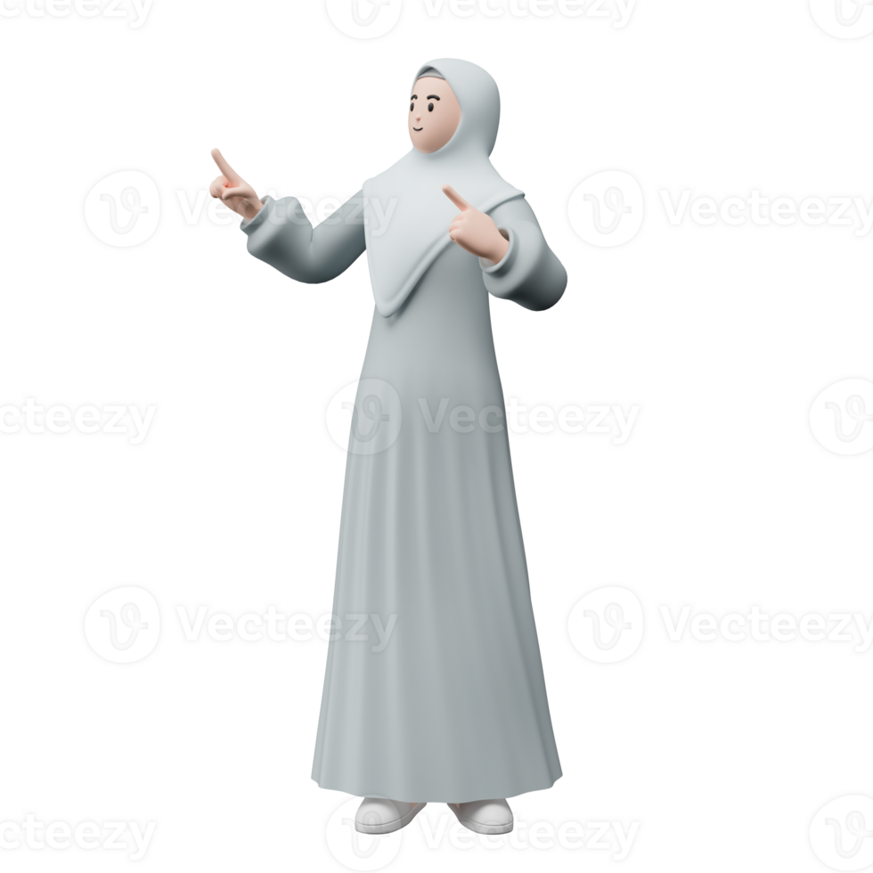 3D render portrait of muslim people wearing hijab. Happy young adult woman pointing and showing product to the side. Eid mubarak Concept. png