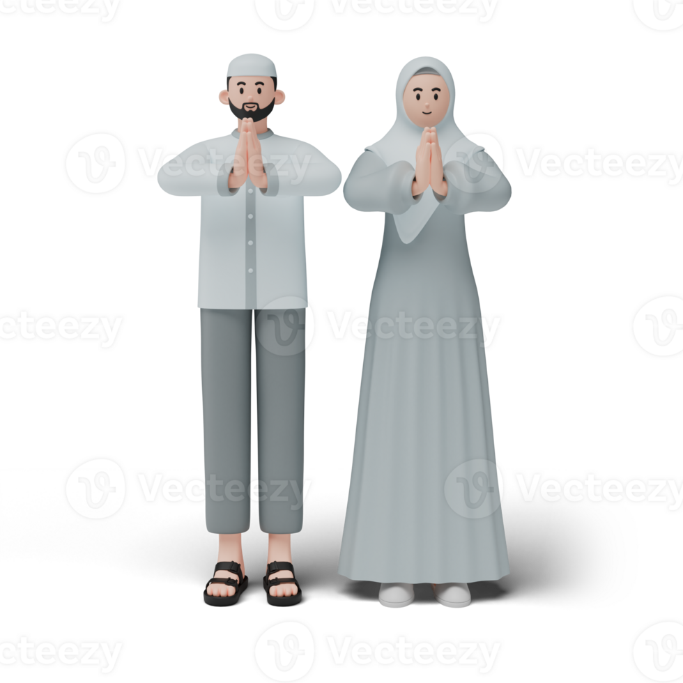 3D render of muslim people. Happy family showing apologize and welcome hand gesture. Apology during eid mubarak. Full length character isolated image on white background png