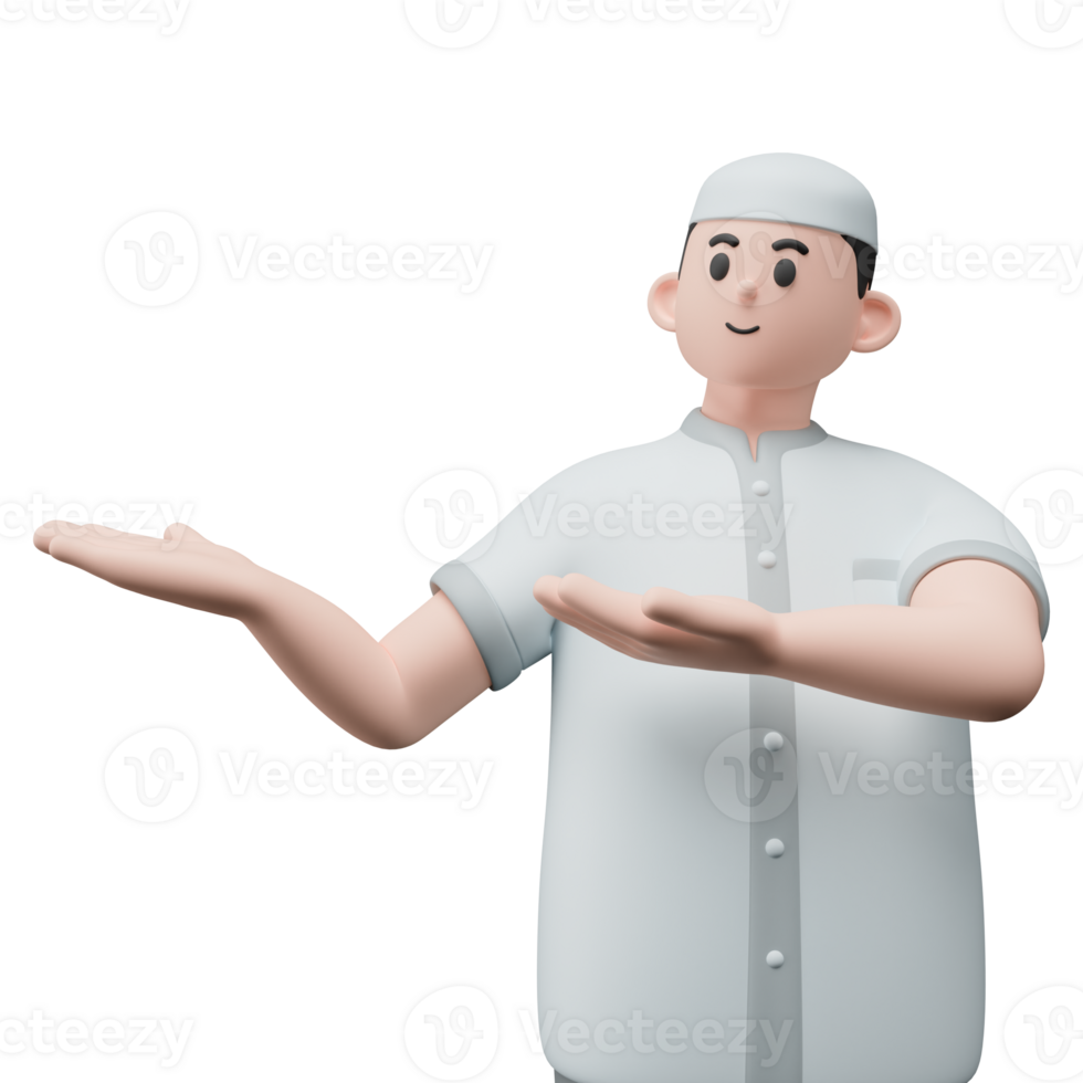 3D render portrait of muslim people with skullcap. Happy young adult man pointing and showing product to the side. Eid mubarak Concept. png