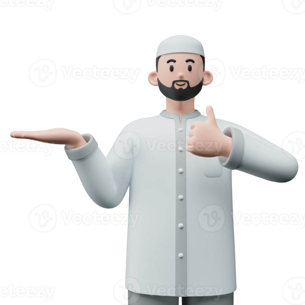 3D render portrait of muslim people with skullcap. Happy young adult man pointing and showing product to the side. Eid mubarak Concept. png