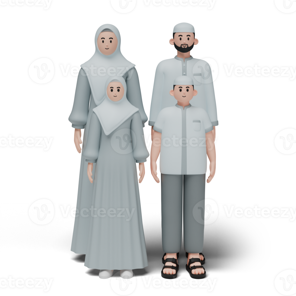 3d render do muçulmano pessoas. feliz família mostrando peça desculpas e bem-vinda mão gesto. desculpa durante eid mubarak. cheio comprimento personagem isolado imagem em branco fundo png