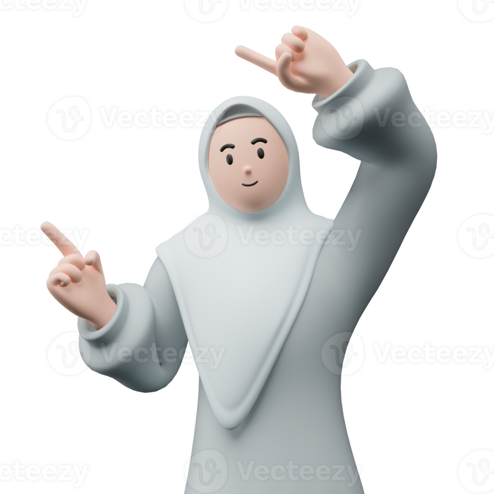 3D render portrait of muslim people wearing hijab. Happy young adult woman pointing and showing product to the side. Eid mubarak Concept. png