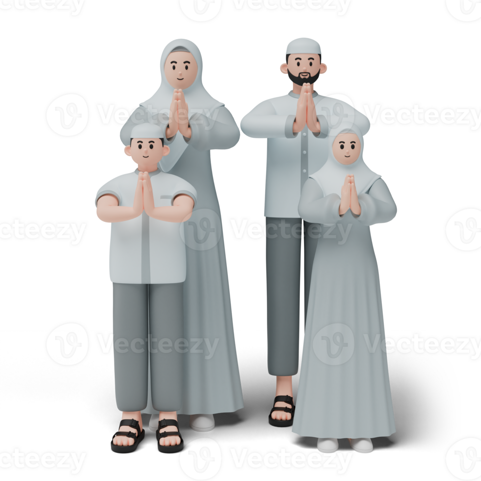 3d personnage rendre de musulman personnes. content famille montrant s'excuser et Bienvenue main geste. excuses pendant eid moubarak. isolé image sur blanc Contexte png