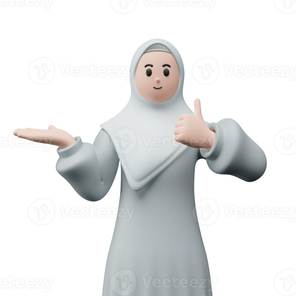 3D render portrait of muslim people wearing hijab. Happy young adult woman pointing and showing product to the side. Eid mubarak Concept. png