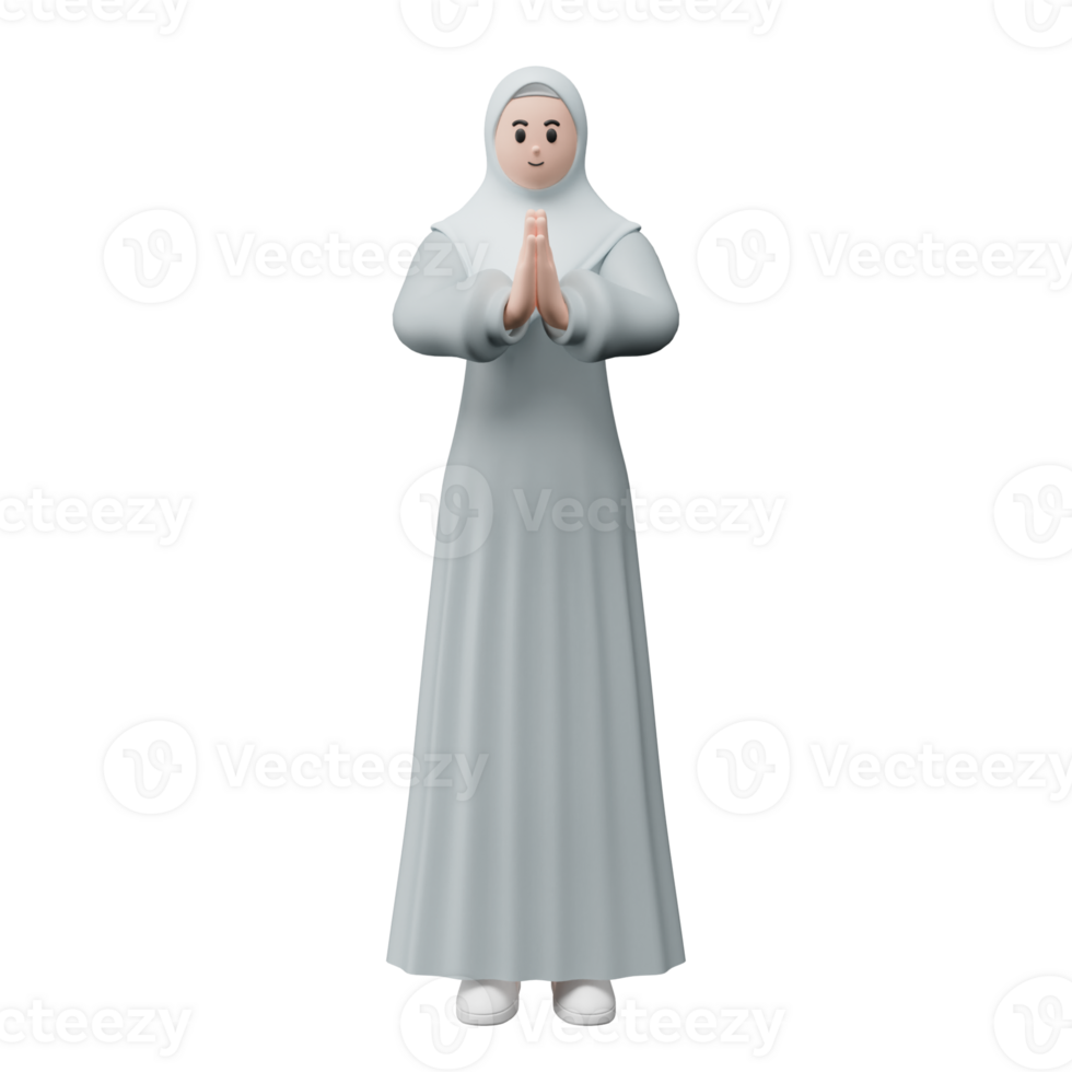 3D character render of muslim people. Happy young adult woman showing apologize and welcome hand gesture. Apology during eid mubarak. Isolated image on white background png