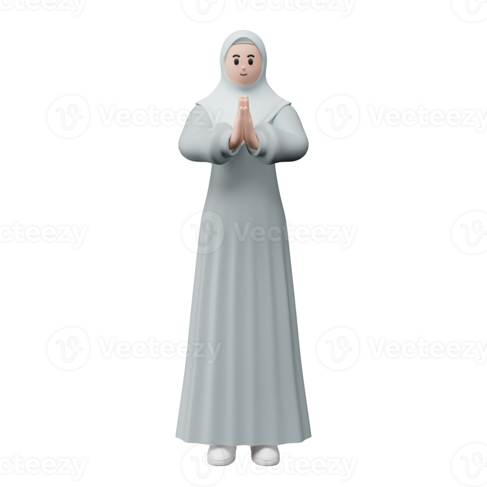 3d personagem render do muçulmano pessoas. feliz jovem adulto mulher mostrando peça desculpas e bem-vinda mão gesto. desculpa durante eid mubarak. isolado imagem em branco fundo png