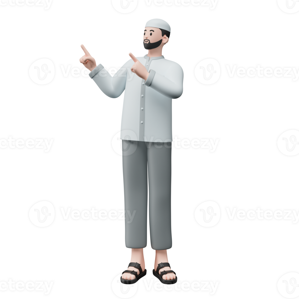 3D render portrait of muslim people with skullcap. Happy young adult man pointing and showing product to the side. Eid mubarak Concept. png