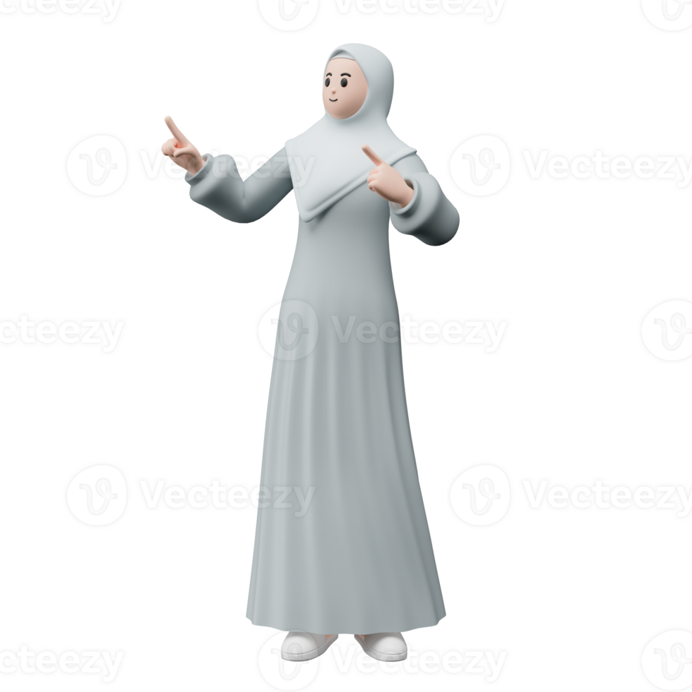 3D render portrait of muslim people wearing hijab. Happy young adult woman pointing and showing product to the side. Eid mubarak Concept. png