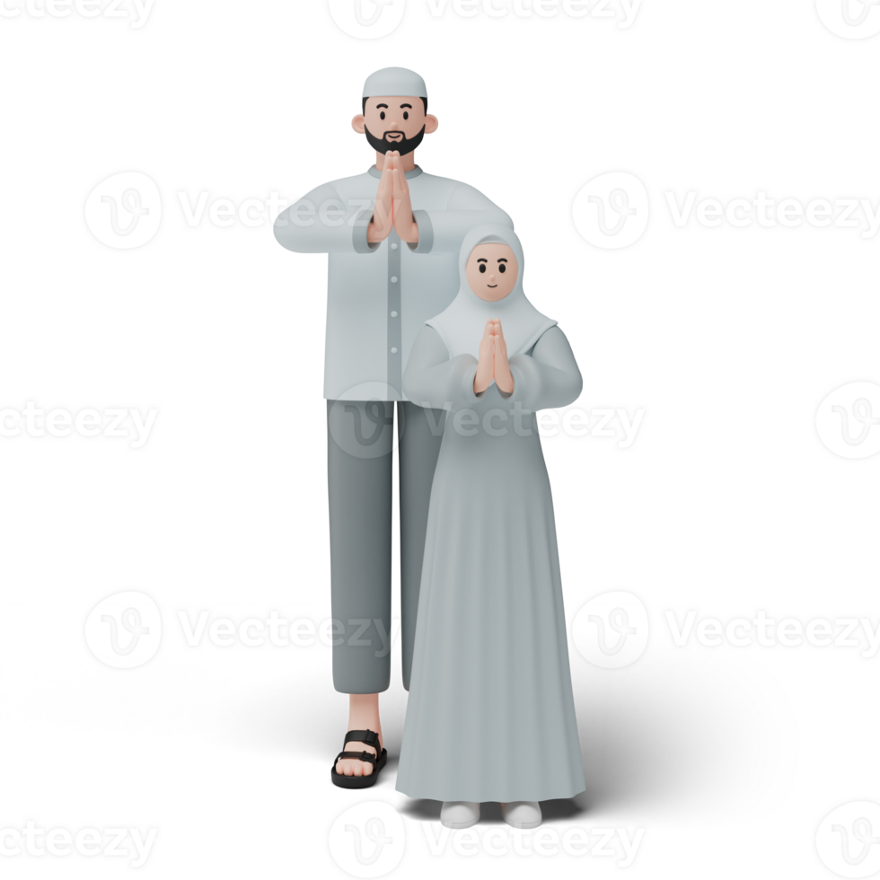 3D render of muslim people. Happy family showing apologize and welcome hand gesture. Apology during eid mubarak. Full length character isolated image on white background png