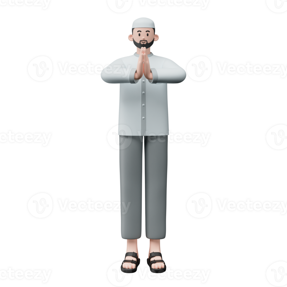 3D character render of muslim people. Happy young adult man showing apologize and welcome hand gesture. Apology during eid mubarak. Isolated image on white background png