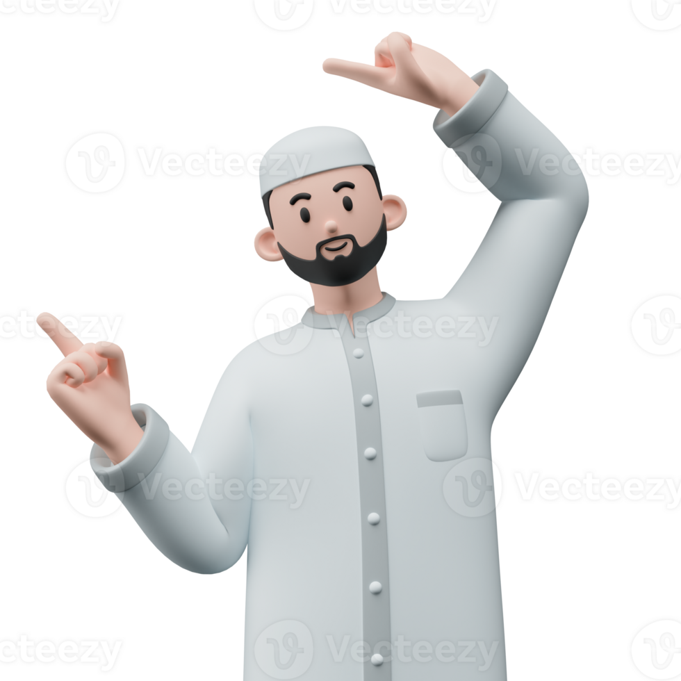 3D render portrait of muslim people with skullcap. Happy young adult man pointing and showing product to the side. Eid mubarak Concept. png